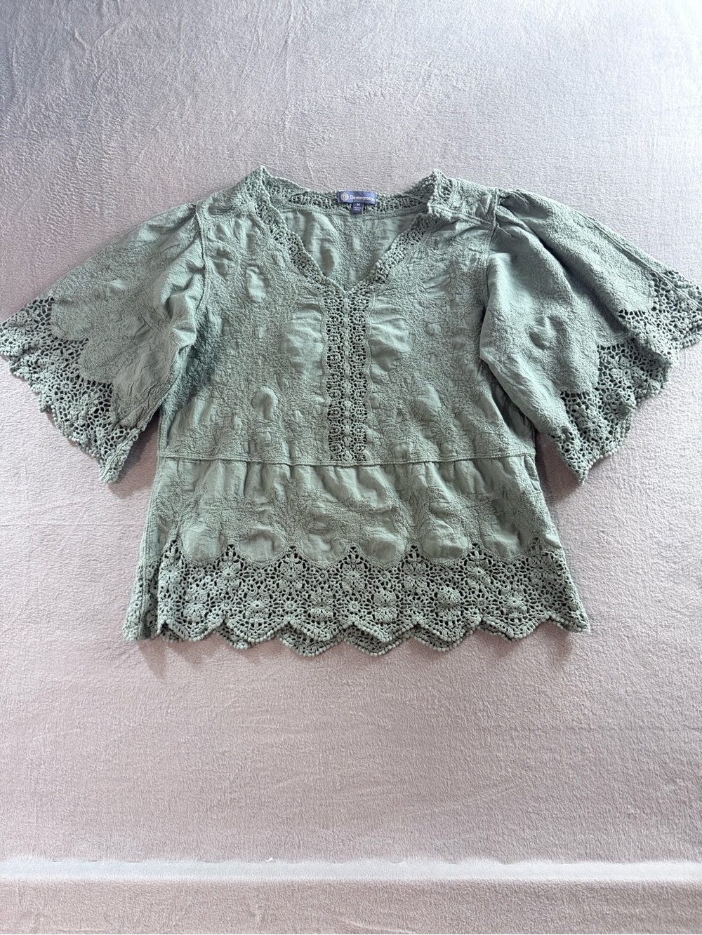 Democracy - Sage Green Crochet-Trim V-Neck Blouse